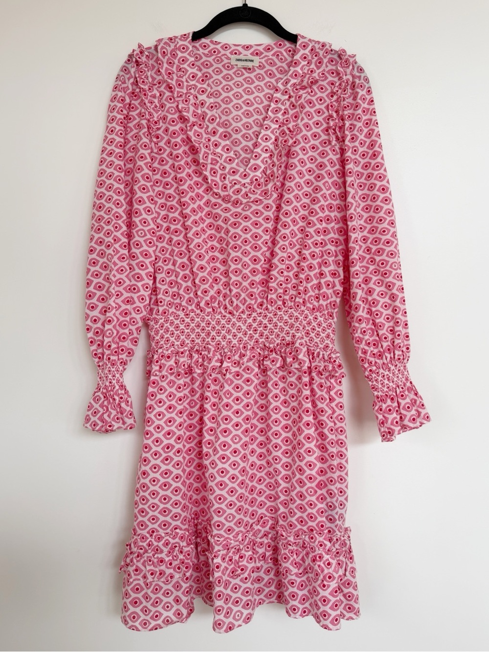 Zadig & Voltaire Red and Pink Ruffle Detail Smocked Long Sleeve Dress Small